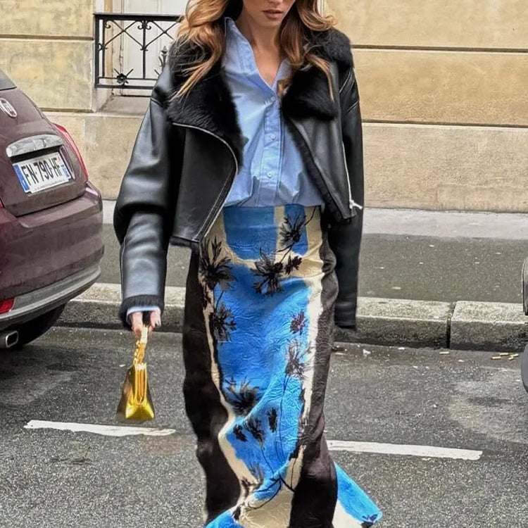 TRAFZA Summer New Fashion Holiday Printed Midi Long Skirt Zipper High Waist A Line Straight Skirts Vent Back Female Y2K