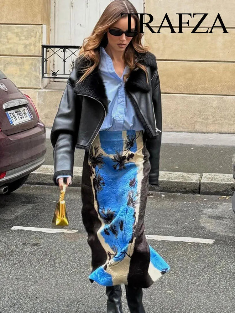 TRAFZA Summer New Fashion Holiday Printed Midi Long Skirt Zipper High Waist A Line Straight Skirts Vent Back Female Y2K