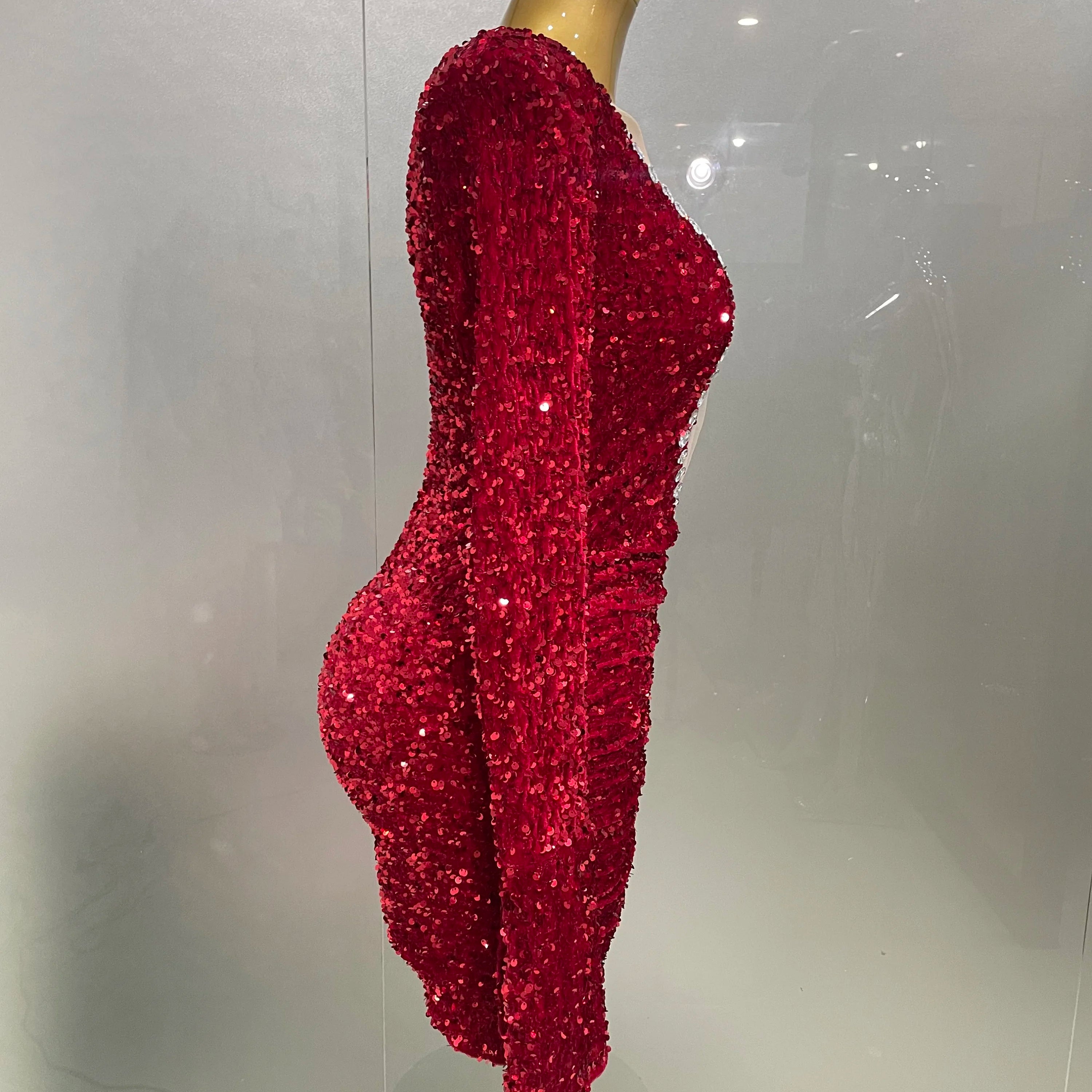 Sexy Shiny Red Sequins Rhinestones Sheath Mini Dress 2025 New Women Evening Birthday Party Nightclub Stage Performance Costume