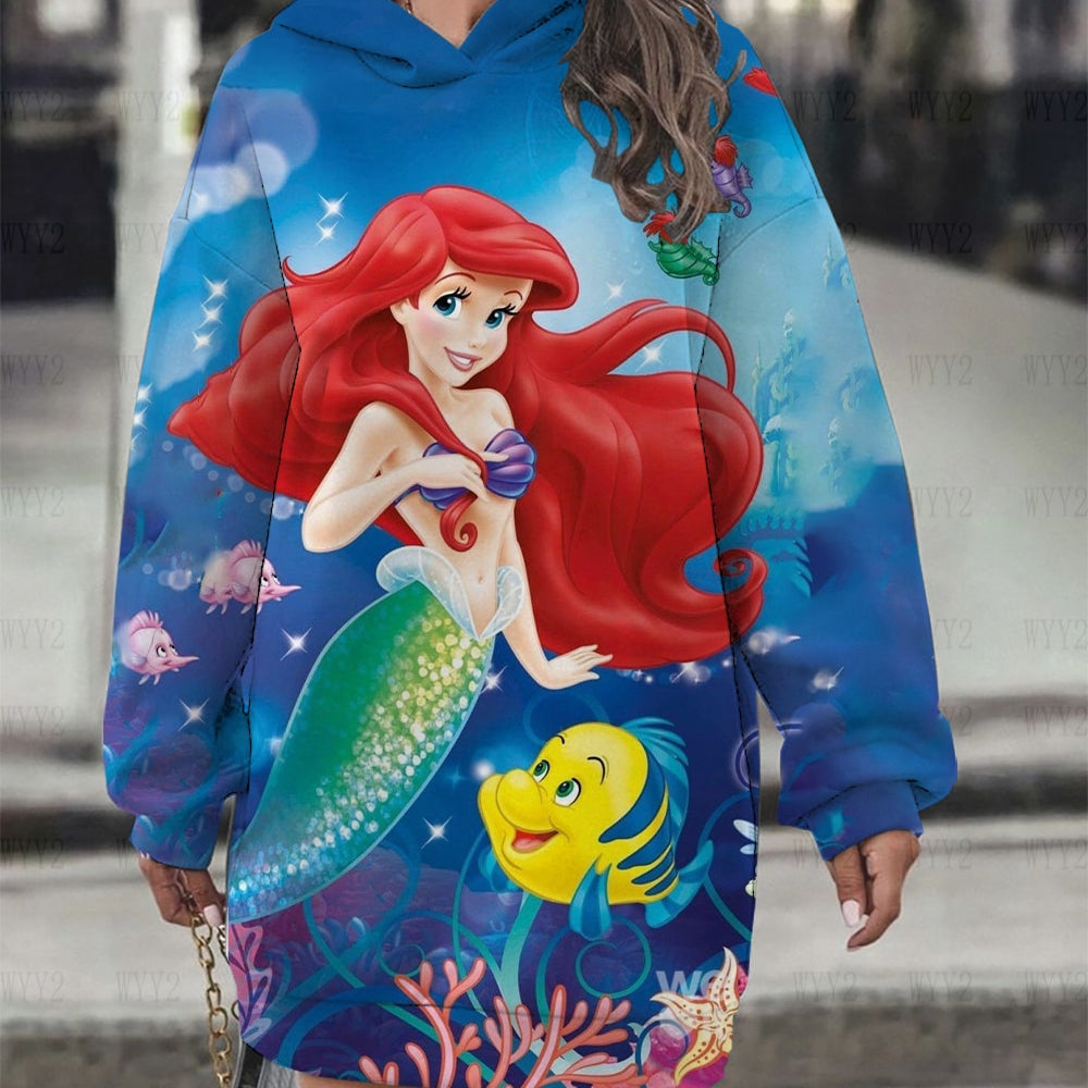 Women's Hoodie Dress Fall Fashion Print Long Sleeve Hooded Dress Women Disney Mermaid Women's Sweatshirt Streetwear