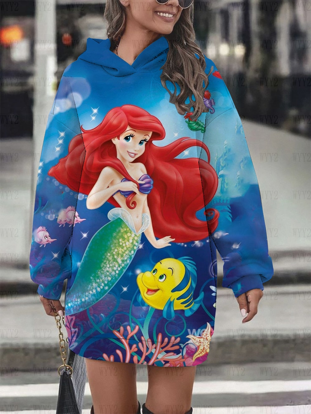 Women's Hoodie Dress Fall Fashion Print Long Sleeve Hooded Dress Women Disney Mermaid Women's Sweatshirt Streetwear