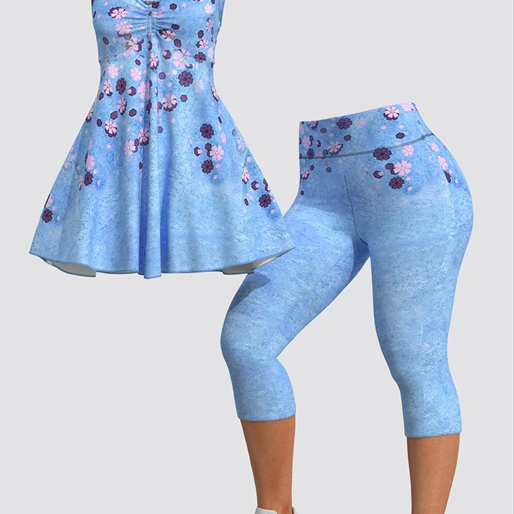 Casual Women Plus Size Two Piece Set Square Collar Floral Printed Tank Tops and Cropped Trousers Summer Matching Sets 2025 Blue