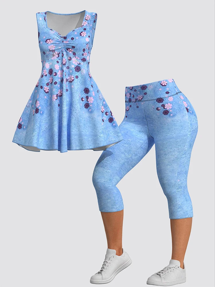 Casual Women Plus Size Two Piece Set Square Collar Floral Printed Tank Tops and Cropped Trousers Summer Matching Sets 2025 Blue