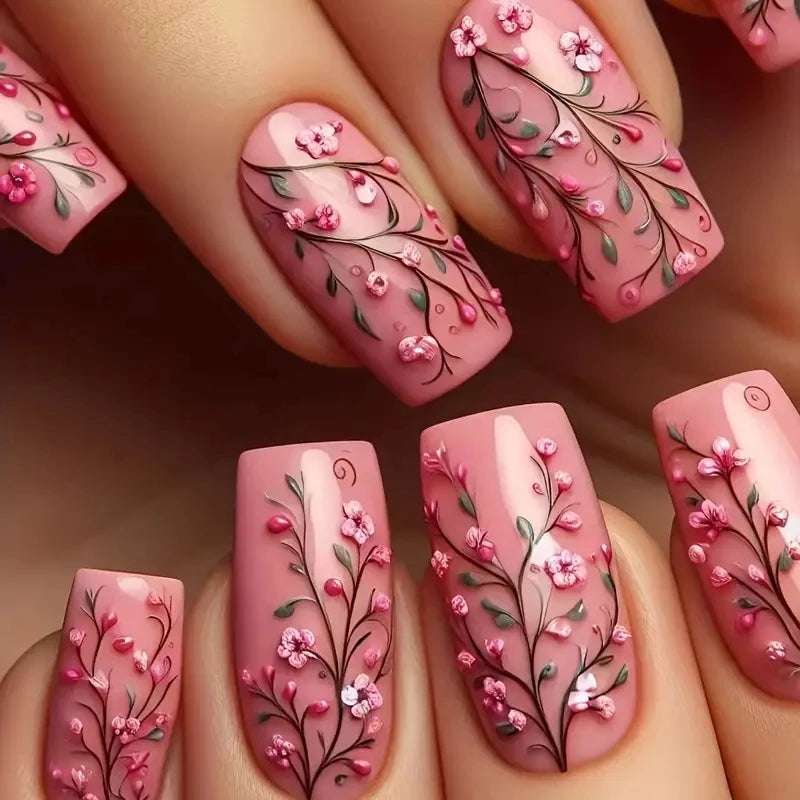 24 pieces of nail art wearing armor, designed with press on fake nail pieces, colorful flowers and plants PINK