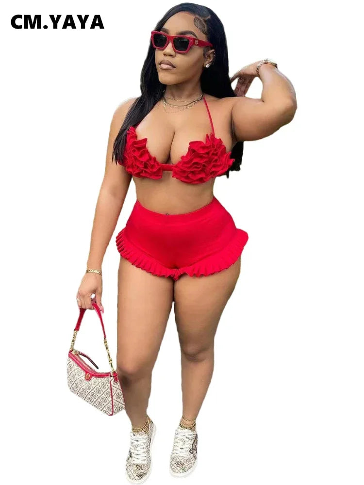 Women's Set Ruffles Crop Top Bra and Shorts Bikini Set Streetwear Casual Two 2 Piece Outfits Summer 2024 Beach Holiday