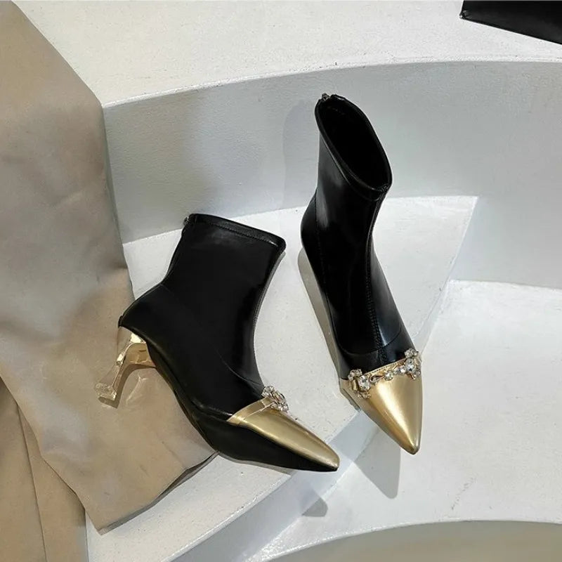 Women's Metal Chain Thin High Heel Pointed Toe Autumn Ankle Boots Metal Belt Rivet Deocration Elegant Ladies Short Boots Hot black