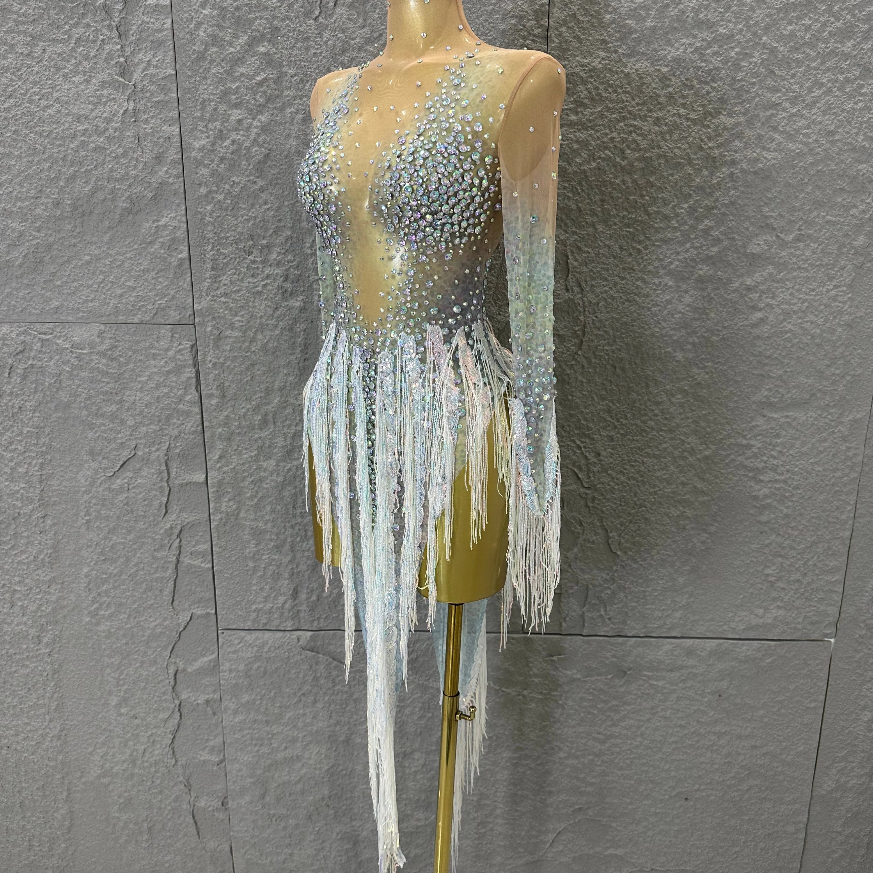 Opulent Nude Long Sleeve Dress Women Sheer Mesh Iridescent Rhinestone Fringe Embellished Latin Dance Performance Costume