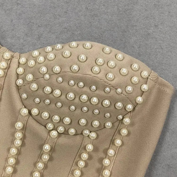 Ladies Luxury Bead Tassels Strapless Backless Design Celebrity Party Club Khaki Sleeveless Sexy Mini Bandage Dress 2025 New
