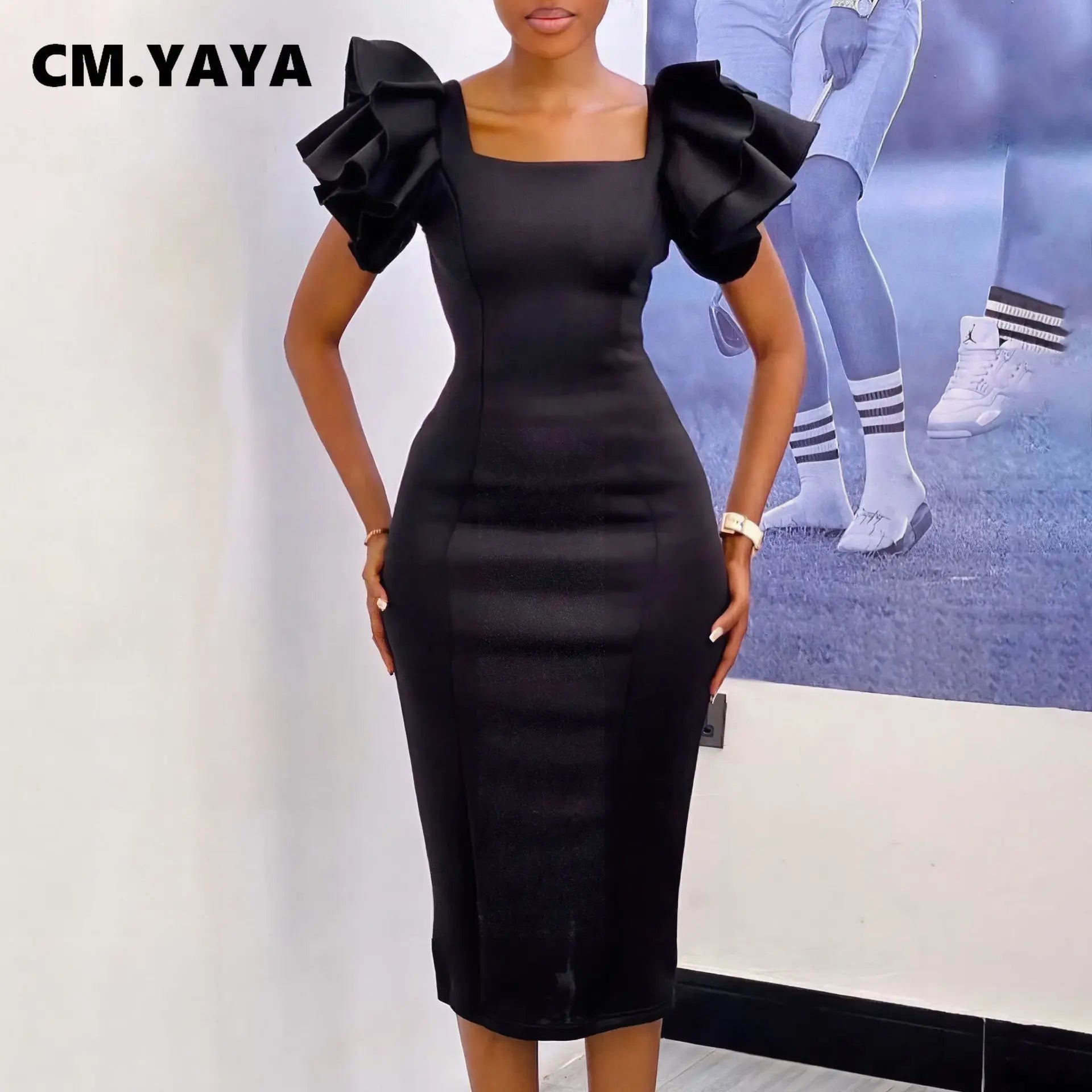 Women Ruffles Short Sleeve Square Collar Knee Length Dress Street Vestidos Sexy Night Club Party Evening Chic Dresses