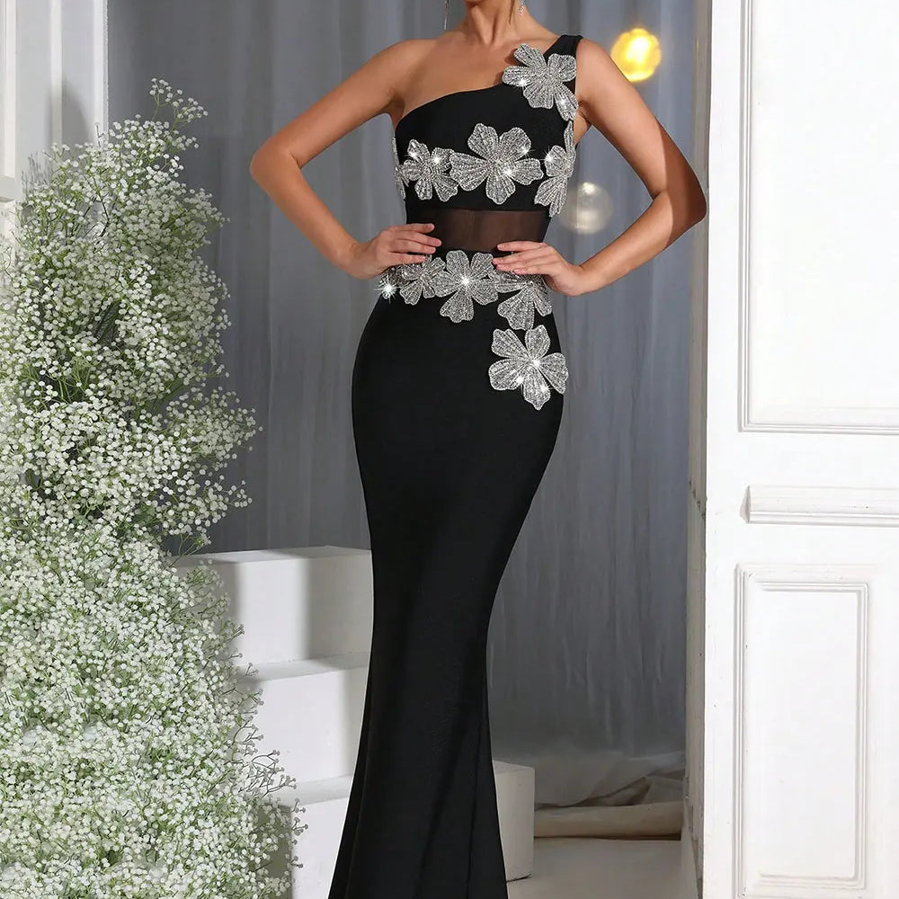 2025 Sexy Women's Light Luxury Flower Set Diamond Design Bandage Dress One Shoulder Sleeveless Bodycon Patchwork Long Dresses