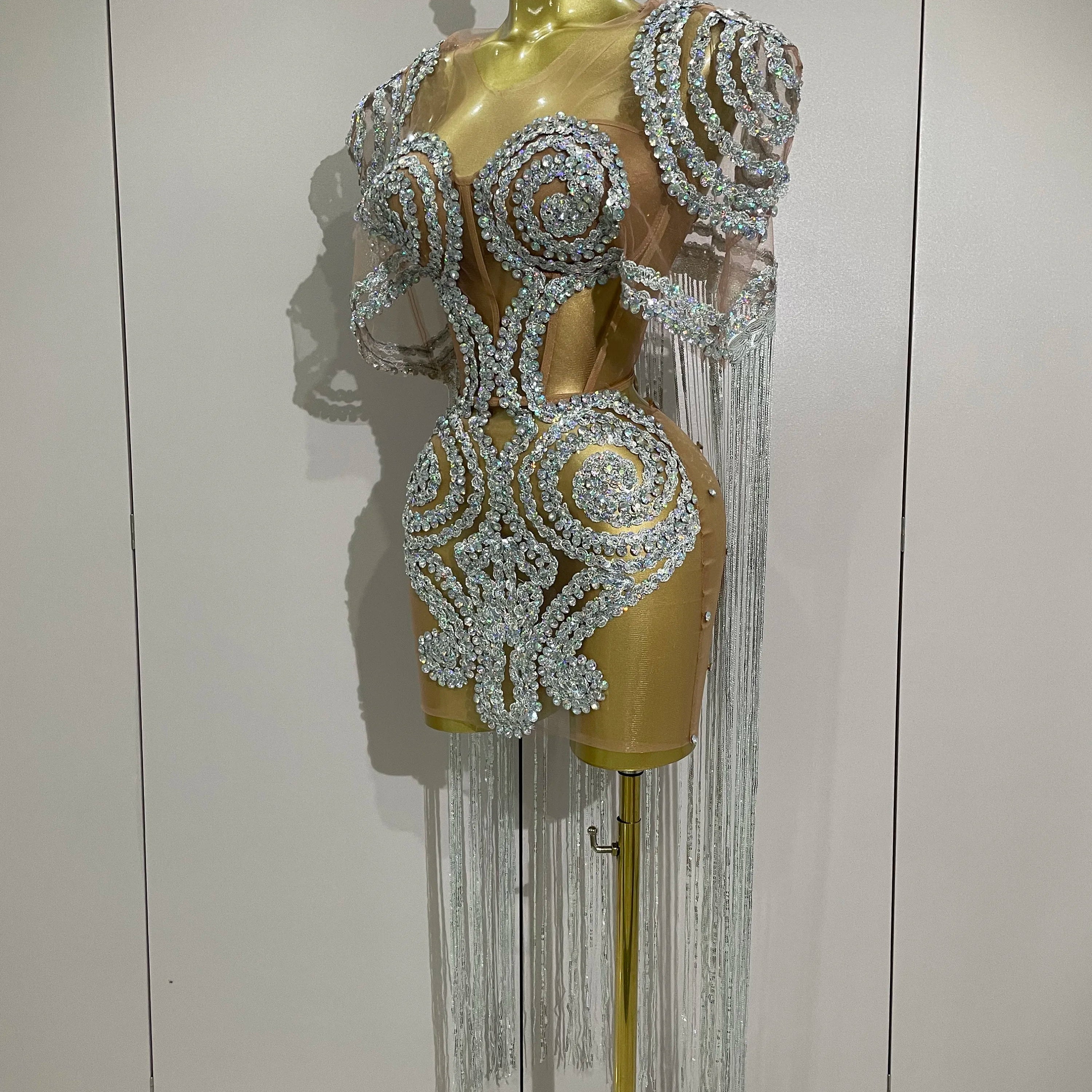 Stock Sparkly Rhinestones Sequins Sexy Mesh Tassels Cape Short Dress 2025 Women Evening Birthday Party Nightclub Stage Costume