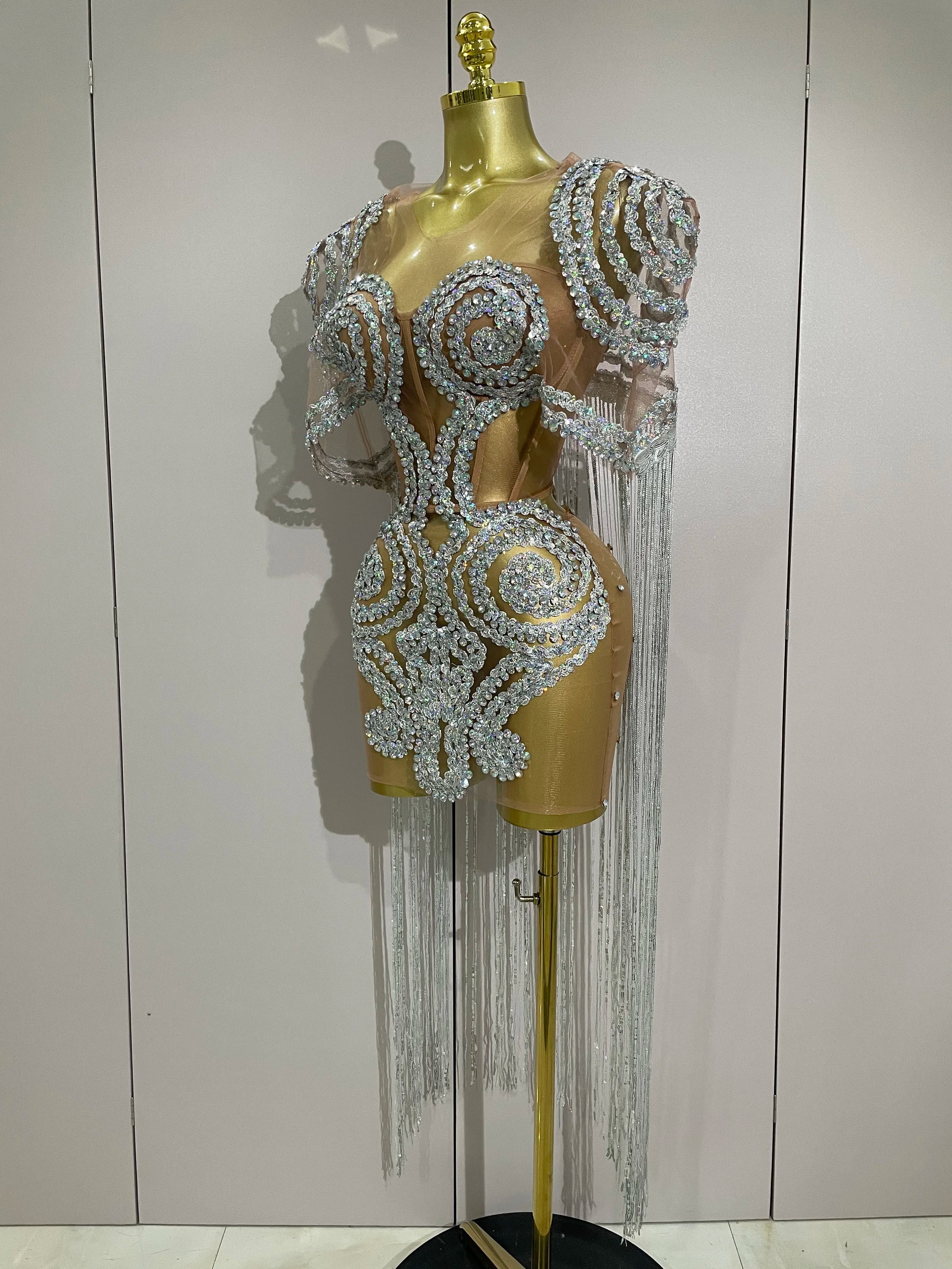 Stock Sparkly Rhinestones Sequins Sexy Mesh Tassels Cape Short Dress 2025 Women Evening Birthday Party Nightclub Stage Costume