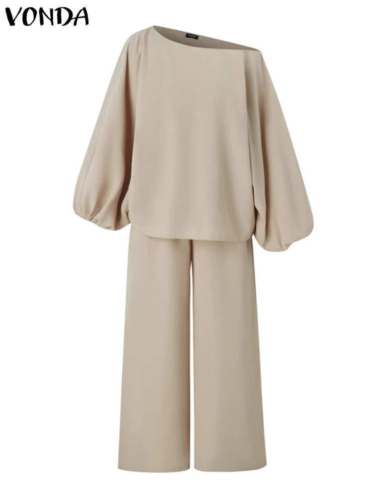 Plus Size VONDA Women Outfits Casual Slanted Collar Tops Elastic Waist Wide Leg Pant Sets 2024 Elegant Solid Pants Suits 2PCS