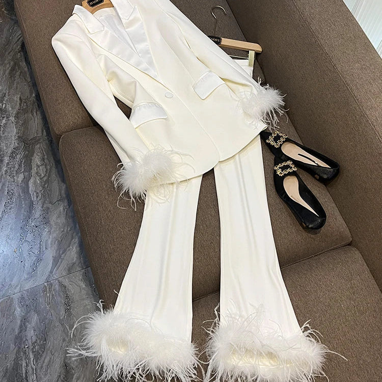 Feather Sleeve Pant Sets Blazer Pantsuits Two Pieces Set Spring Satin Collar Jacket Straight Pants Suits Outfits Women white sets