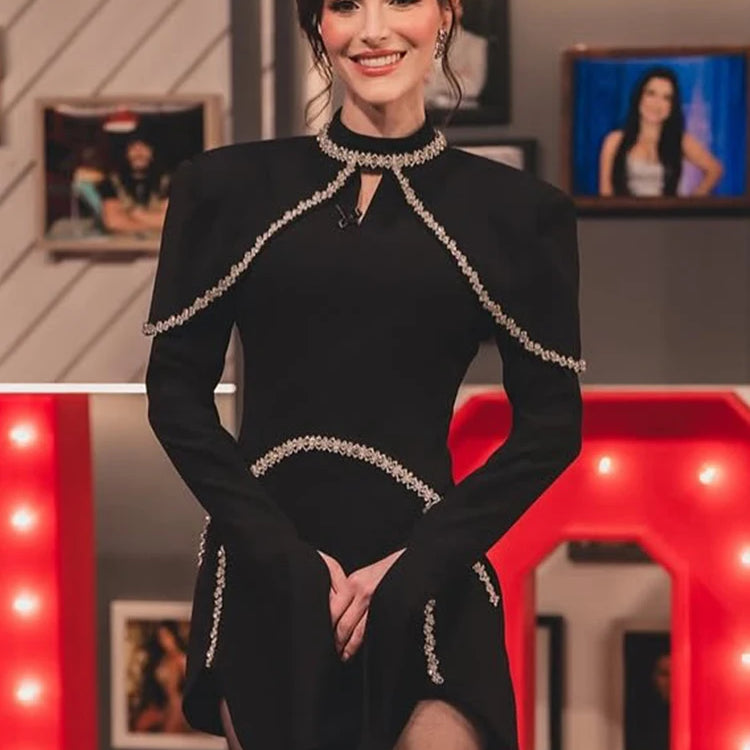 Elegant Black Long Sleeved Bodycon Mini Dress with Crystal Adorned Seams for a Special Event Gown