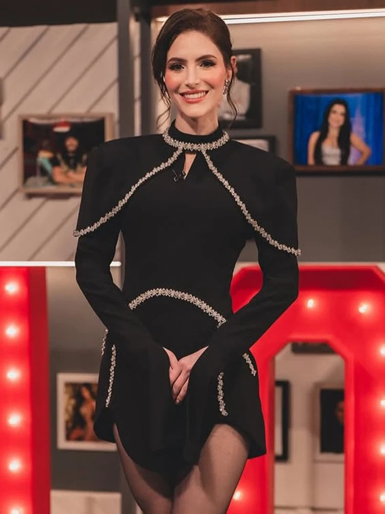 Elegant Black Long Sleeved Bodycon Mini Dress with Crystal Adorned Seams for a Special Event Gown