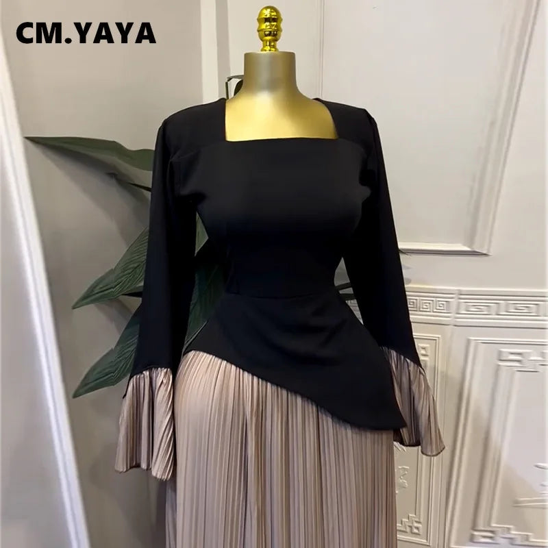 CM.YAYA Women Patchwork Flare Long Sleeve U-collar Pleated Big Swing Maxi Long Dress 2025 Birthday Sexy Club Party Even Dresses