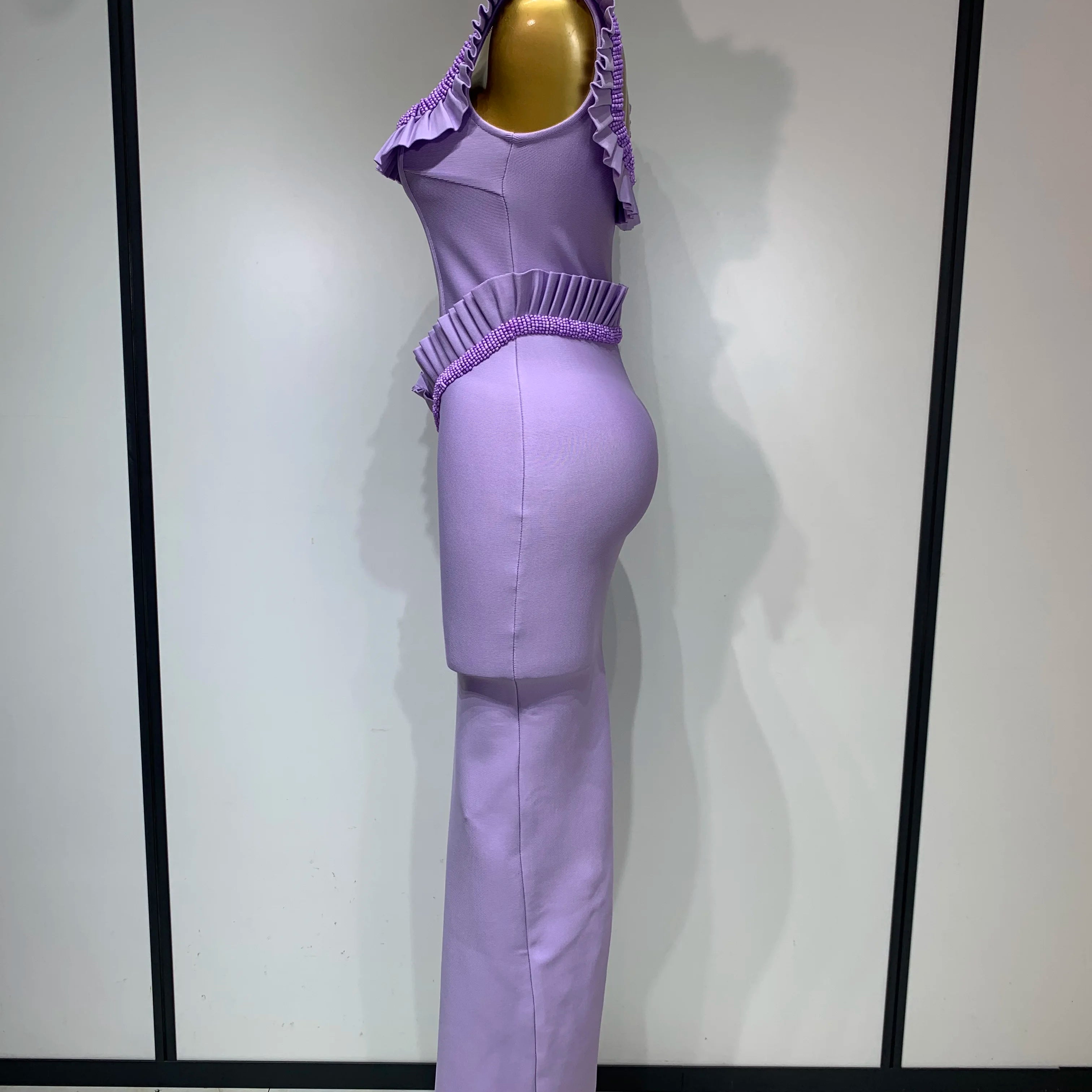 Women Sexy Square Collar Ruffles Beading Long Bodycon Bandage Dress 2025 Celebrity Elegant Evening Club Party Birthday Dress