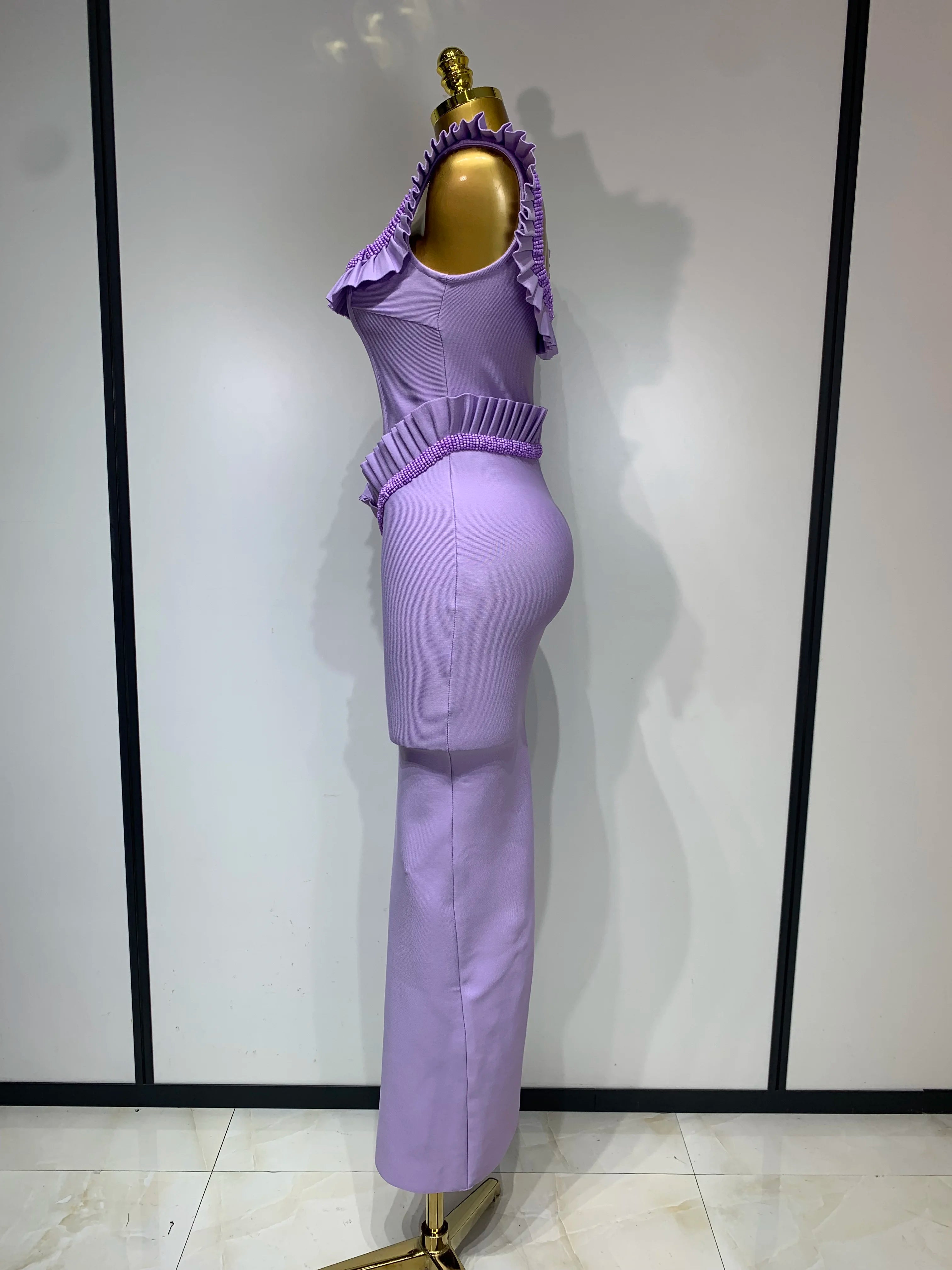 Women Sexy Square Collar Ruffles Beading Long Bodycon Bandage Dress 2025 Celebrity Elegant Evening Club Party Birthday Dress