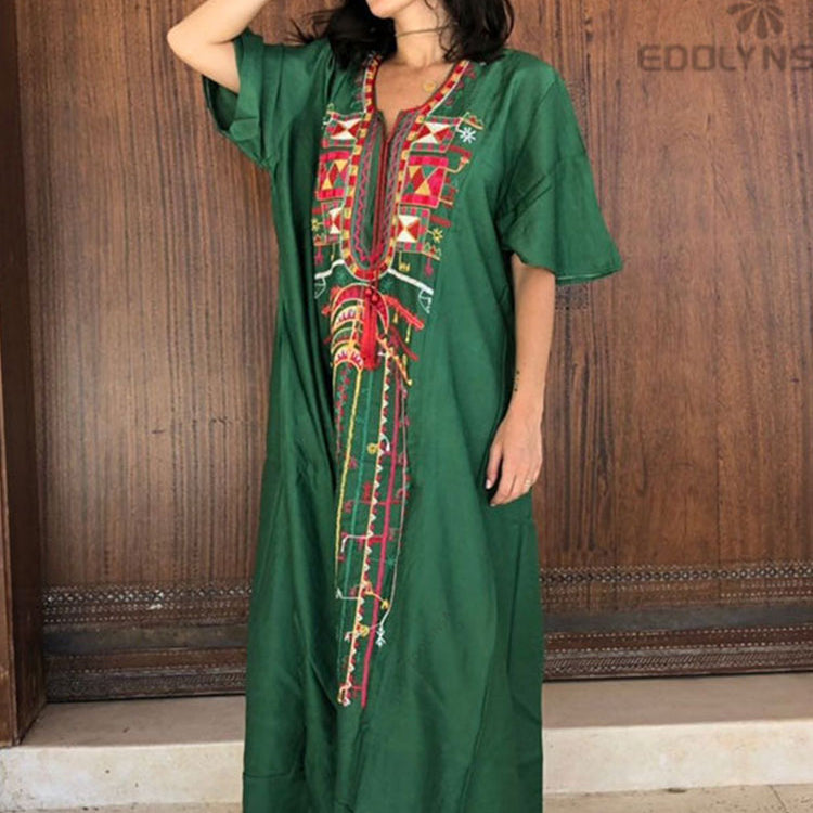 Vintage Embroidery Kaftan Sexy V-neck Batwing Sleeve High Waist Maxi Dress Tunic Women Clothing Summer Beach Dresses Q660 Q1235-Green One Size