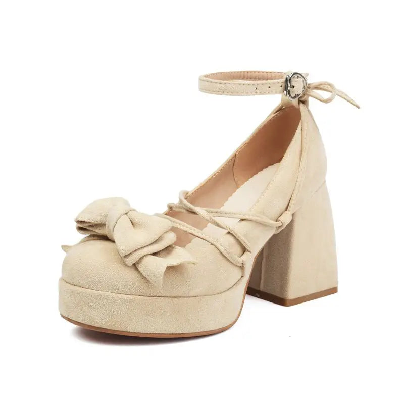 SIMLOVEYO Lolita Women Pumps 32 33 Round Toe Chunky High Heels 9cm Platform Bowknot Ankle Strap Big Size 44 45 Sweet Shoes Apricot