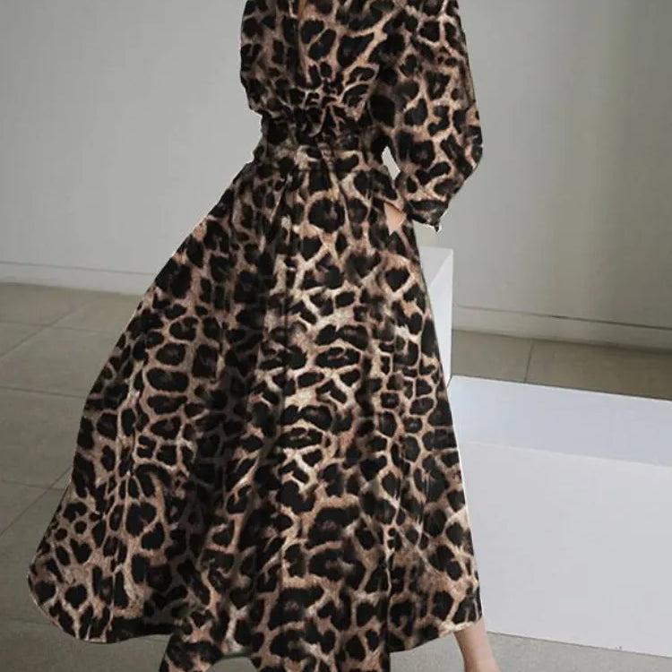 S-5XL Korean Fashion Long Sleeve Shirt Dress Chic Turndown Neck Ruched Maxi Dress Women 2022 Autumn Winter Clothes Streetwear Coffee Leopard