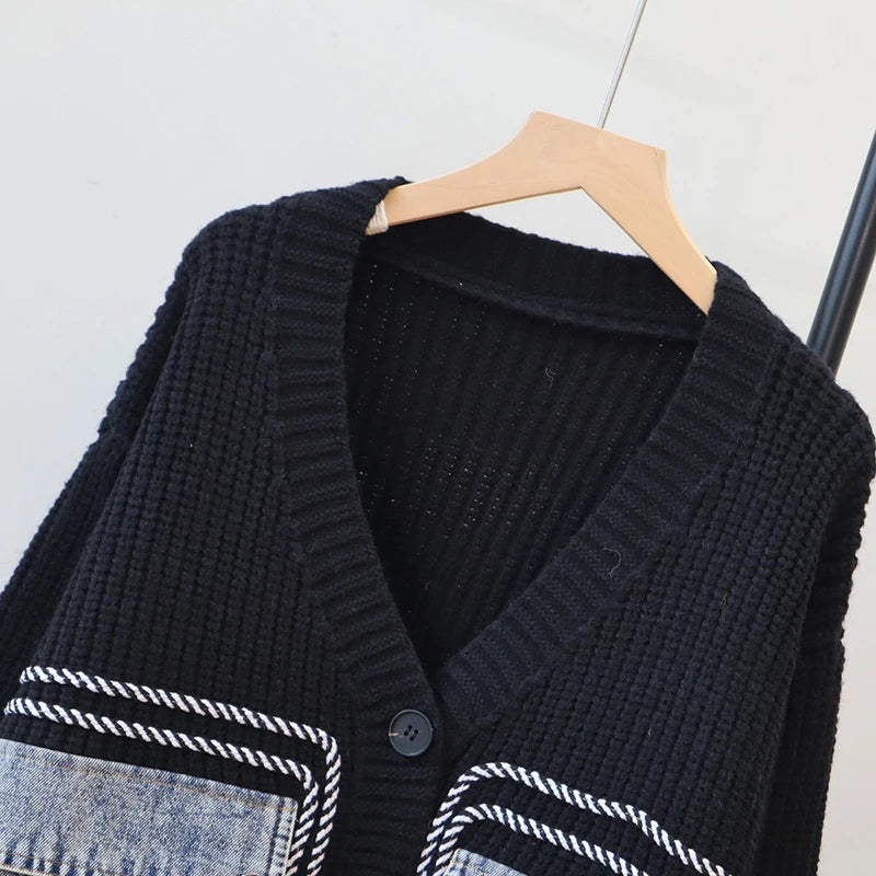 Autumn Winter New Design Patchwork Denim Pocket Knitted Cardigan For Women Loose Sweater Jacket Female Trendy 11A07745