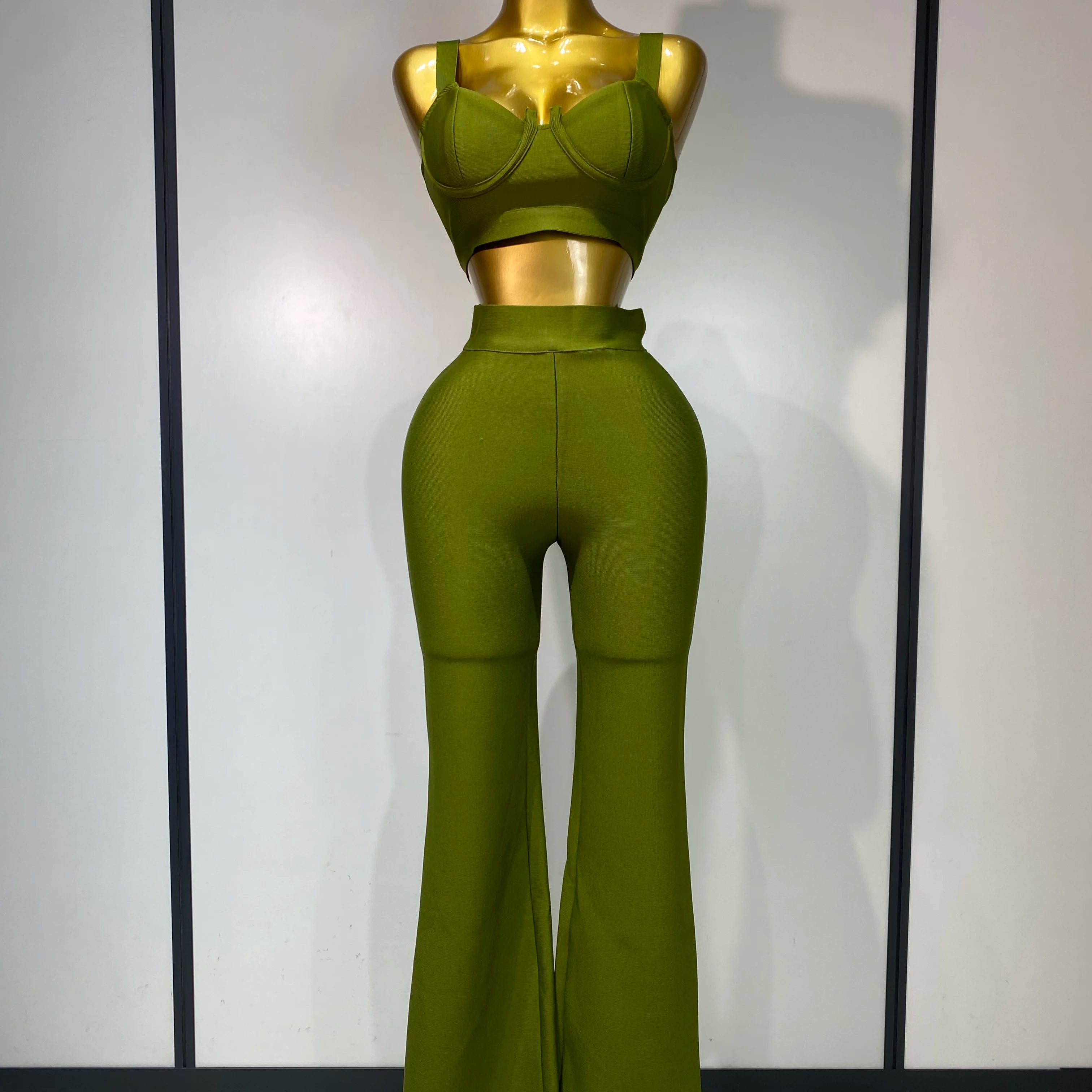 Women Sexy Bandage Crop Top Pant Set Evening Party Club Luxury Birthday High Street Fashion Elegant Luxury Birthday Outfit ﻿ army green