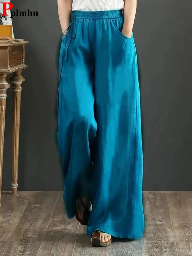 Cotton Linen Wide Leg Pants 4xl Big Size Trousers Women Summer Elastic Waist Casual Ankle-length Pantalones Baggy Sweatpant