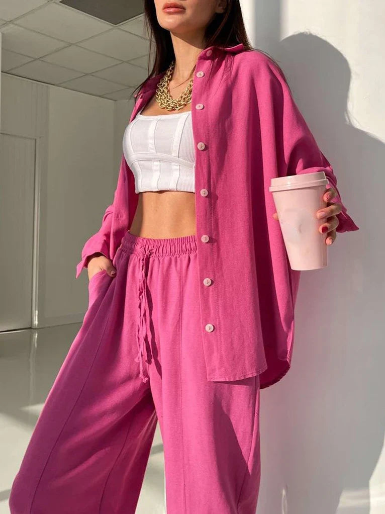 Women's Summer Suit with Pants Summer Loose Wide Leg Trousers Elegant Two Piece Suit Set for Women Buttons T-shirts Outifit Rose red