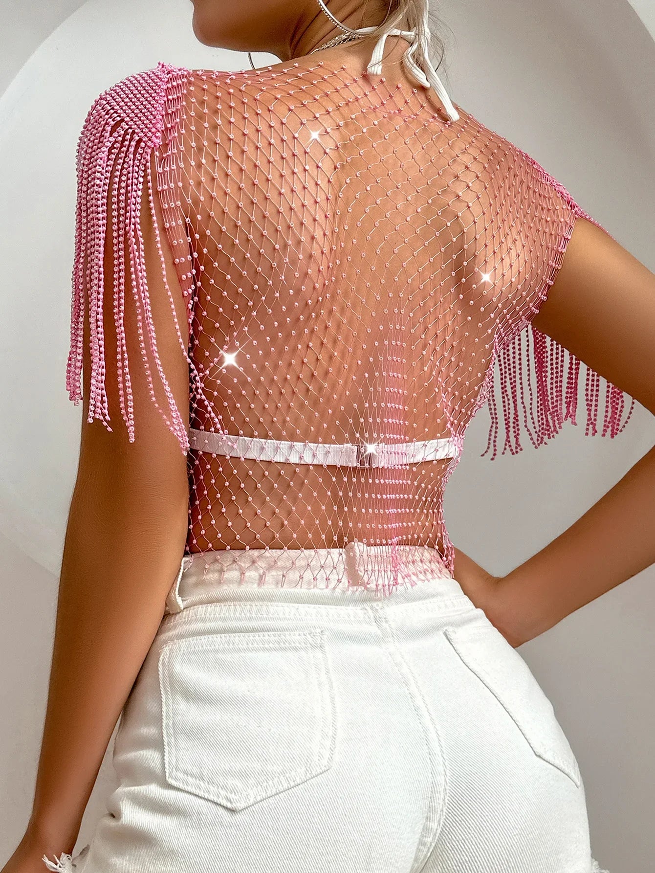 Women's Sexy V-neck Rhinestone Short Crop Top Blink Crystal Tassel Fringe Shoulder Decor Diamond Fishnet Shirt