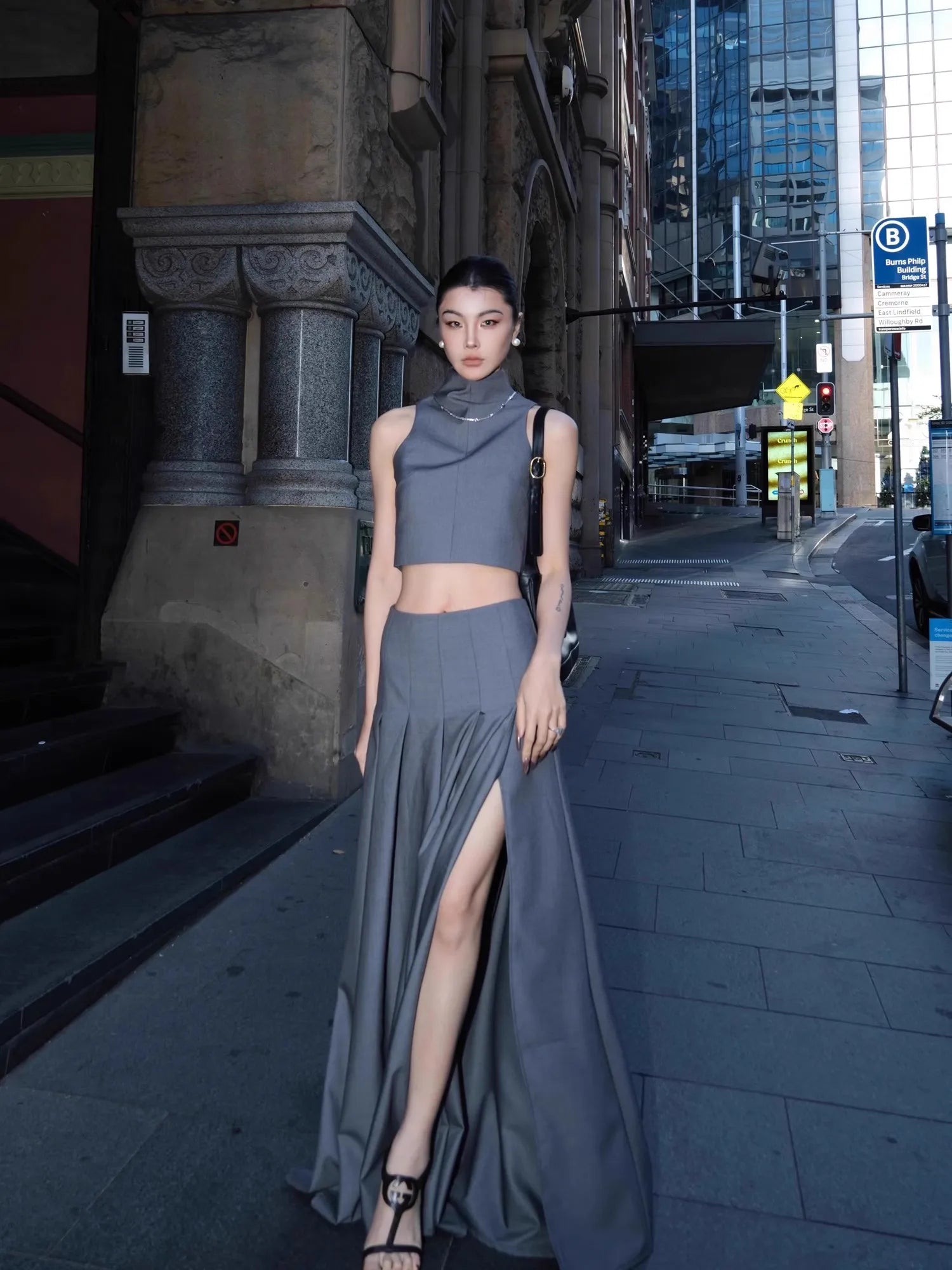 Lautaro Spring Autumn Grey Flowy Floor Length Pleated Skirt Women with Side High Slit High Waist Elegant Luxury Designer Clothes