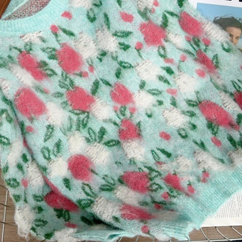 Autumn Winter New Fashion Heavy Industry 3D Pink Flower Pullover Sweater For Women Loose Lazy Style Knitted 11A07837