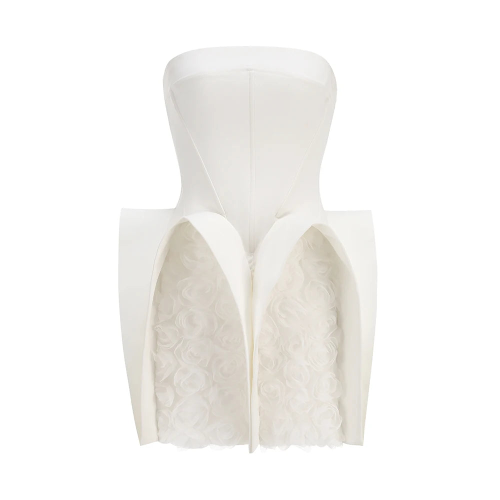 Chic Strapless White Mini Dress with Exquisite Floral Embellishments for Wedding-Related Function Gown WHITE