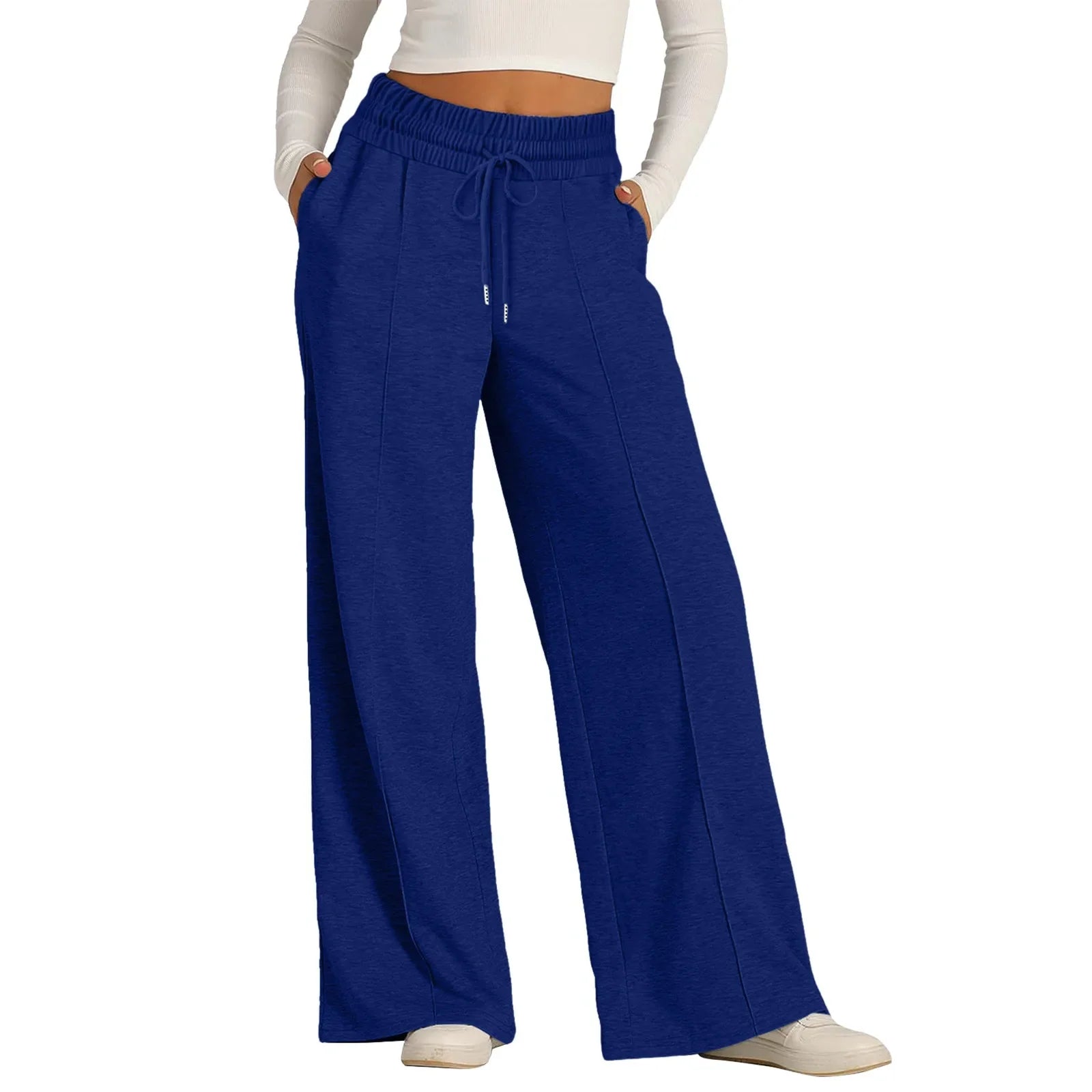 Women Oversized Wide Leg Pants Lightweight Sweatpants Elastic Drawstring Straight Leg Trousers High Waist Baggy Casual Pants Dark Blue