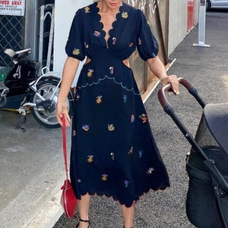 Women's Summer Vintage Long Embroidery Flower Chiffon Dress Hollow Out Waist Curvy V Neck Midi Sundress Korea Style