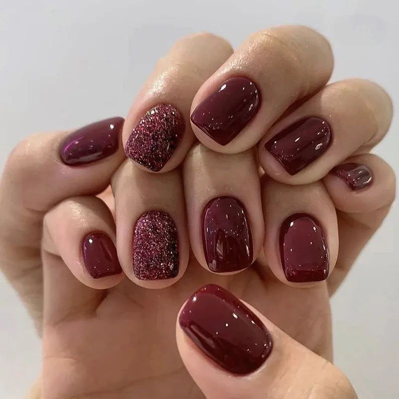 24Pcs Glitter Fake Nail Art with Sequin Design Mid-length Square Head False Nails Tips Retro Wine Red Wearable Press on Nails 1199