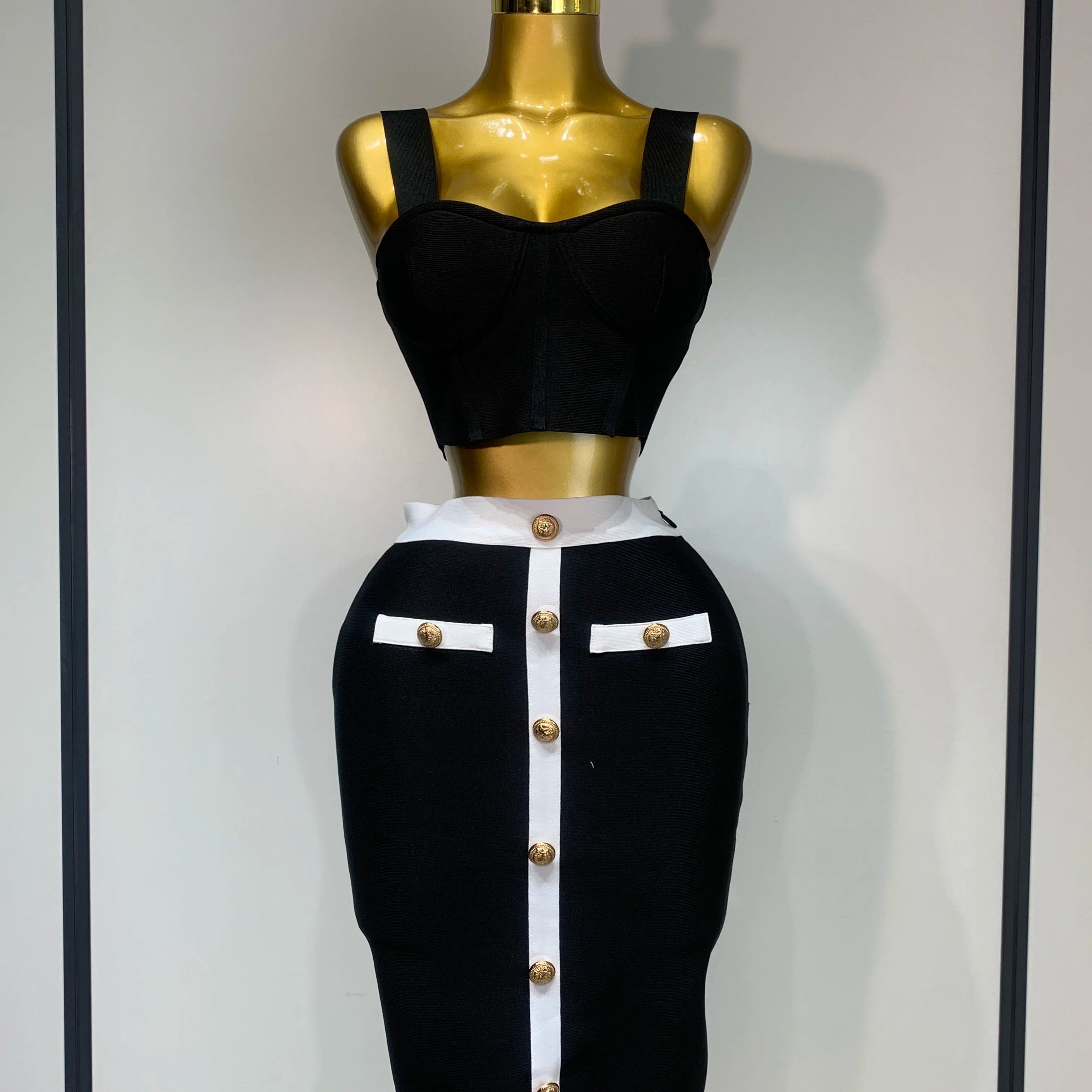 Women Button Patchwork White Black Bodycon Bandage Two Piece Set 2025 Designer High Waist Party Club Skirt Set black