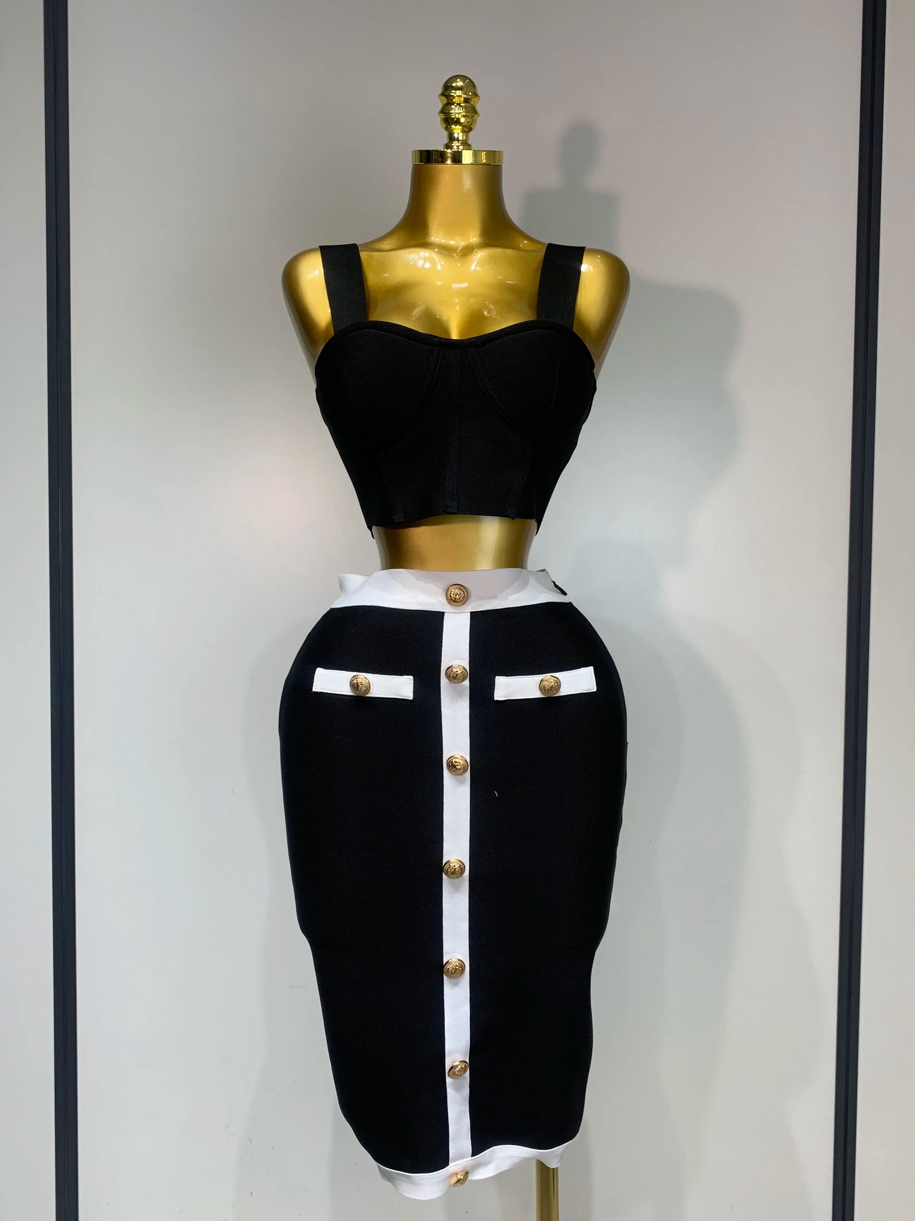 Women Button Patchwork White Black Bodycon Bandage Two Piece Set 2025 Designer High Waist Party Club Skirt Set black