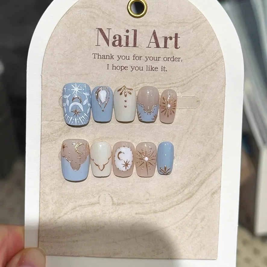 10Pcs Retro Bohemian Manicure Art Full Cover Gold Star Moon Design Cool Fake Nails Detachable Handmade Blue Ballet Fashion Nails
