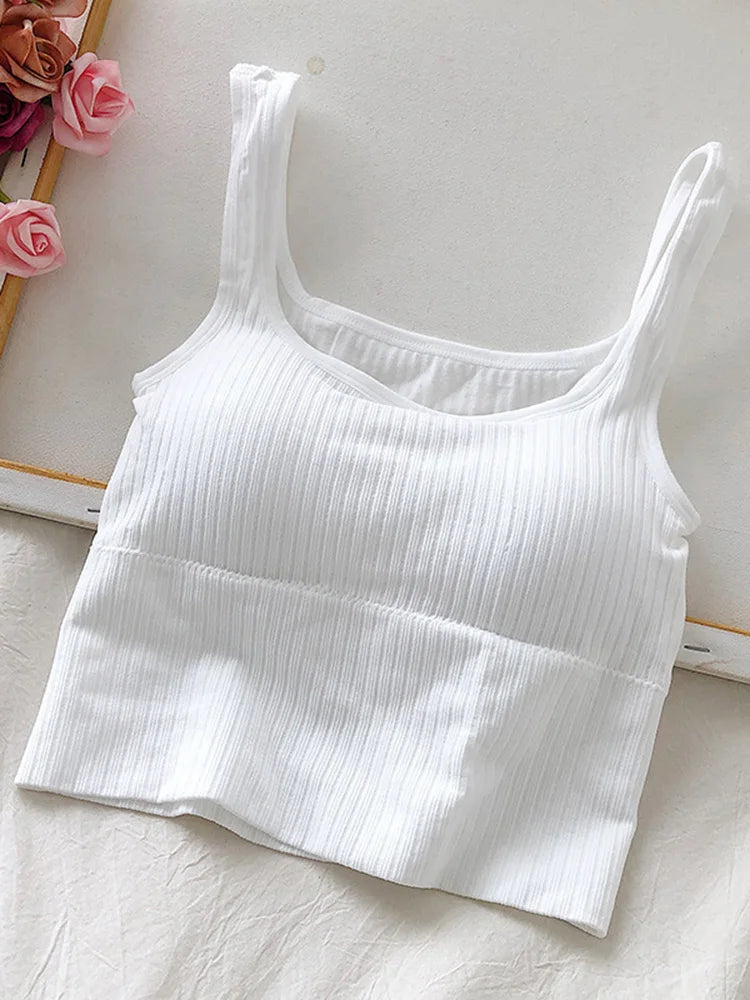 Summer Crop Top Women Seamless Square Collar Wide Straps Tank Top Knitted Striped Camisole Solid Corset Top Female White one size for 40-65kg