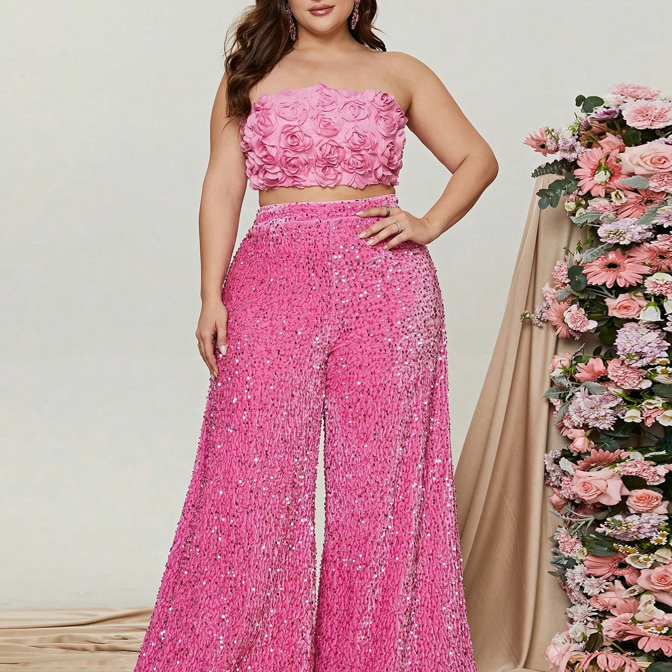 Plus Size Tube Top 3D Flower and Sequin Party Suit