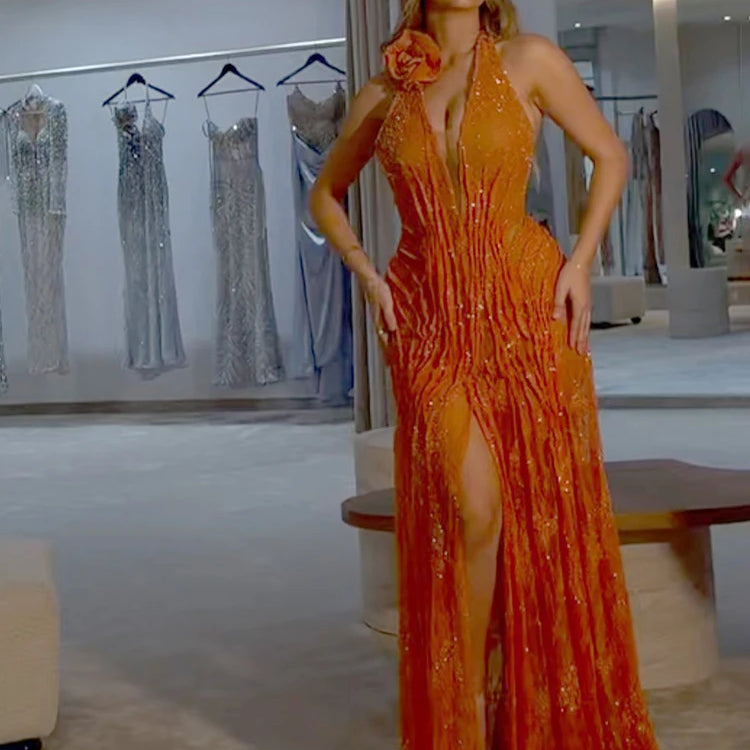 Orange Sequins Halter Long Dress For Women Backless Structured Flower Details Maxi Elegant Evening Party Gown Vestido