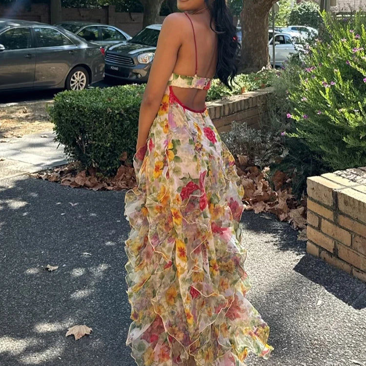 Colorful Floral Printing Beach Long Dresses Summer Chic Spaghetti Straps Backless Princess Fairy Maxi Dress Vestidos