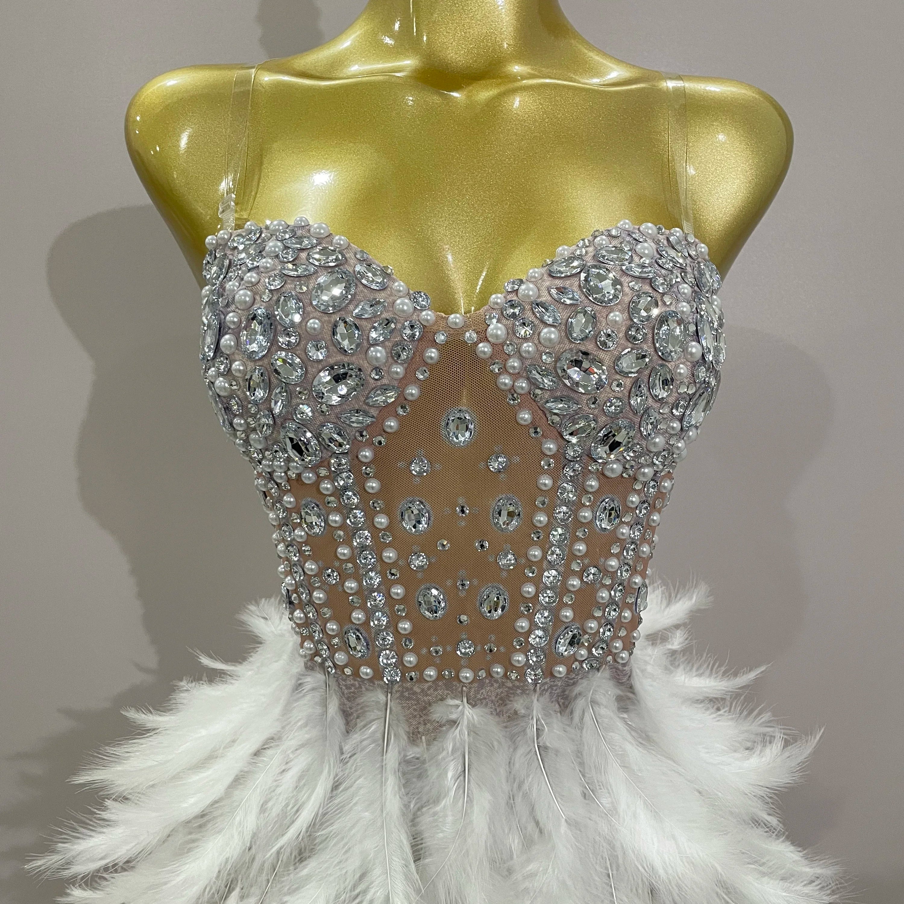 2025 Luxury Sparkle Rhinestone White Feather Sexy Mesh Long Dress Women Evening Party Birthday Performance Photoshoot Costume