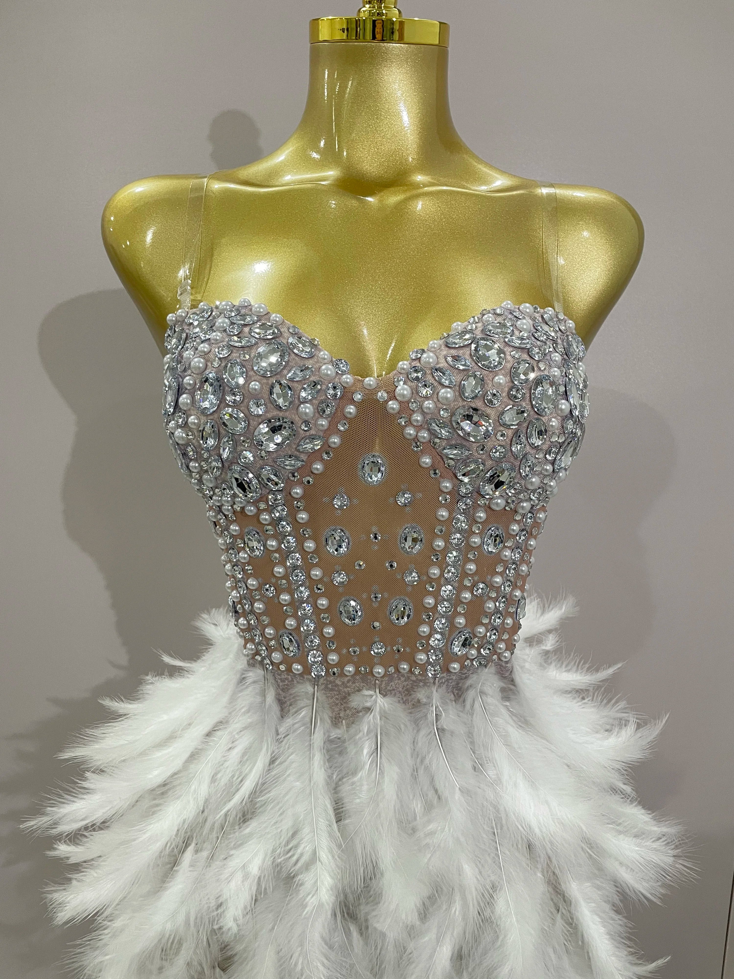 2025 Luxury Sparkle Rhinestone White Feather Sexy Mesh Long Dress Women Evening Party Birthday Performance Photoshoot Costume