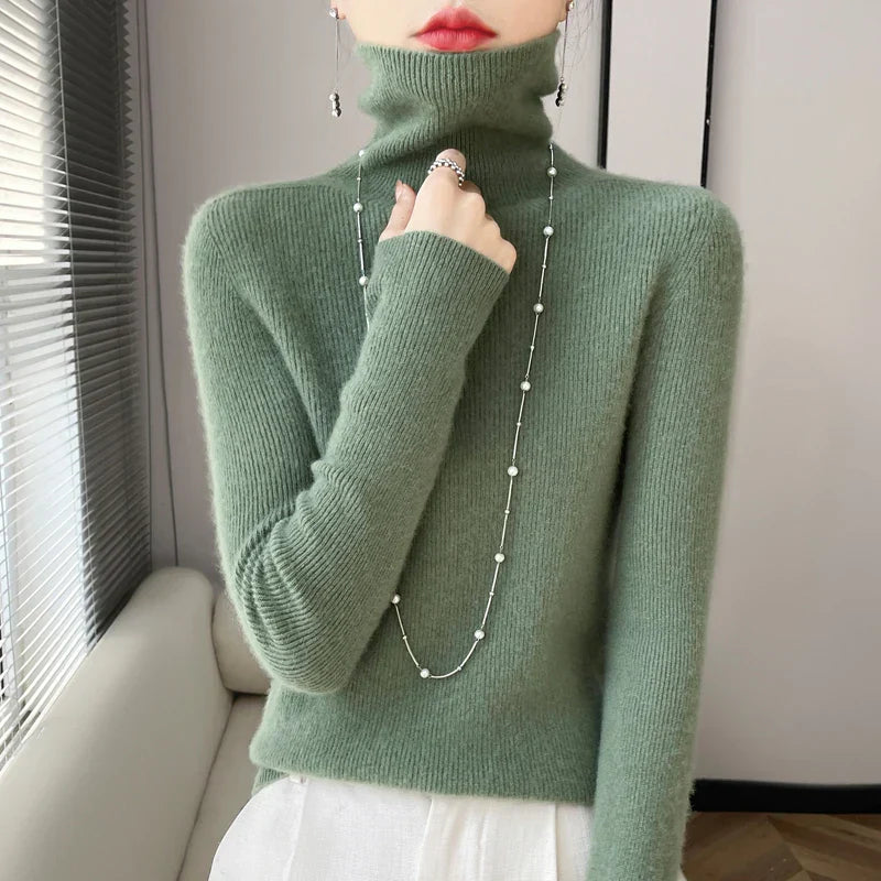 Autumn Winter Cashmere sweater Women Solid Turtleneck Cashmere Sweater Casual Cashmere Sweater Women Pine green
