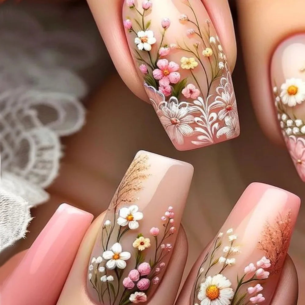 24pcs Acrylic Press on Nails Medium Green Flower Plants Pattern Fake Nails with Glue Ballet Full Cover Wearable False Nail Tips 5