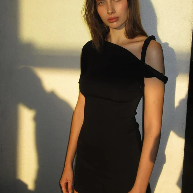 BOOFEENAA Asymmetrical Twist One Shoulder Mini Dress Kylie Jenner Outfits Womens Summer Dresses Fashion Clothing C96-AG19 black