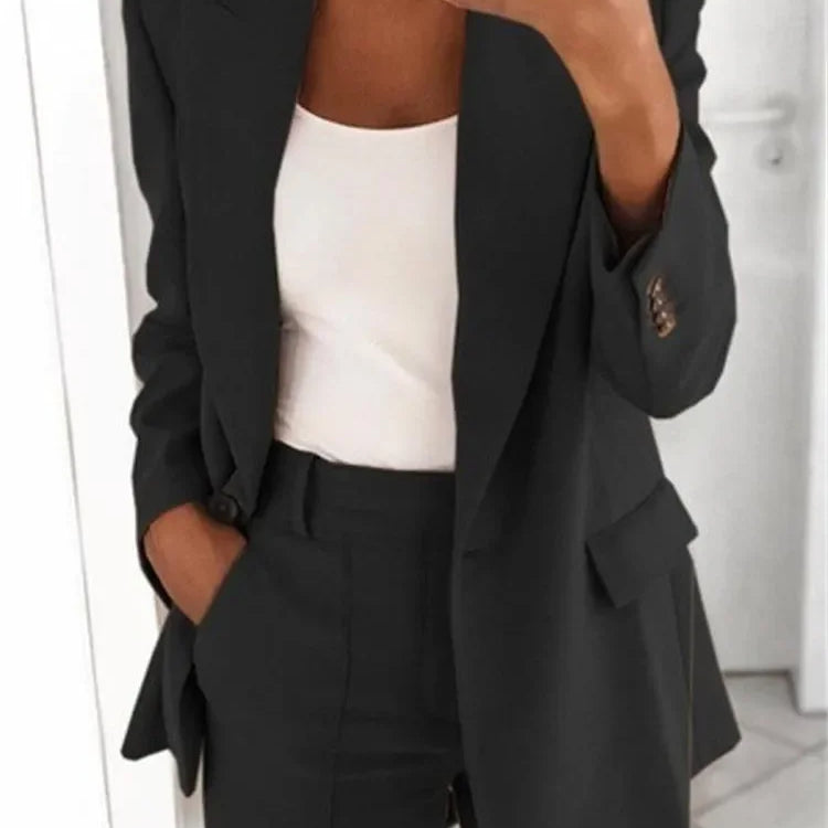 S-5XL Women's Blazer Casual Long-sleeved Top Solid Color Suit Collar Button Simple Temperament Commuter Plus Size Blazer black TOP